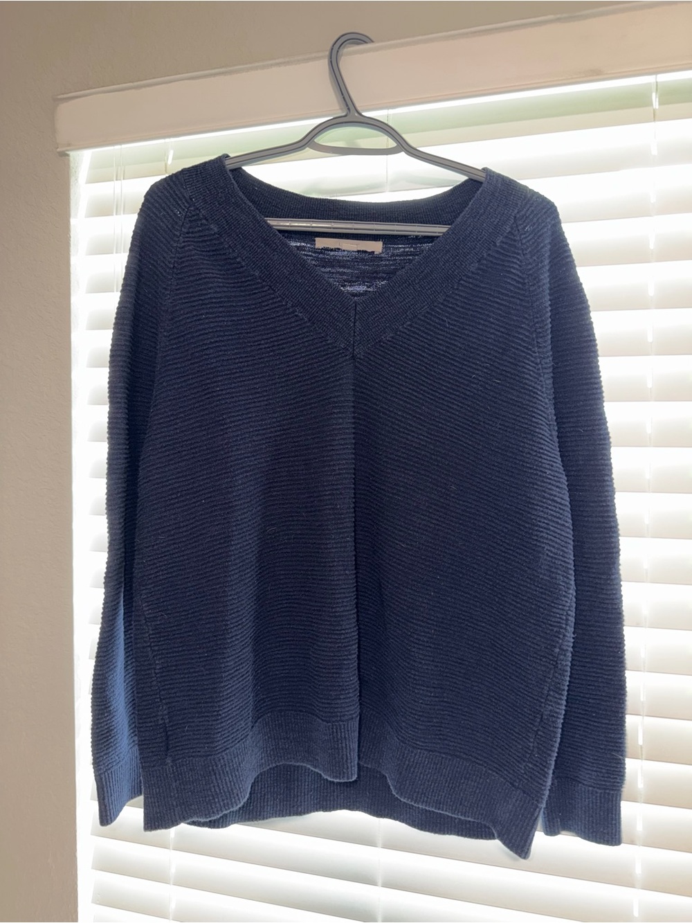 LOFT Navy V-Neck Textured Knit Sweater